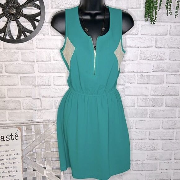 Chloe K. Turquoise Teal Pinched Waist Boho Hippie Mini Dress Size Small - Picture 2 of 6